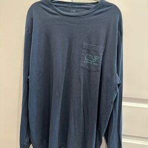 Vineyard Vines Navy Long Sleeve Pocket Tee with Teal Whale